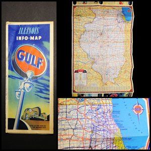 Vintage 1945 ILLINOIS Gulf Oil Travel Road Map Wall/Den Decor Graduation Gift